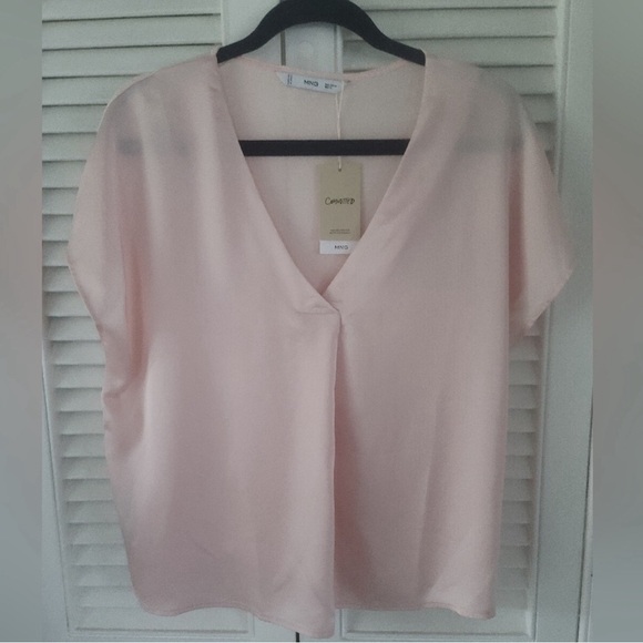 Mango MNG Pink Blush Satin V Neck Semi Sheer Short Sleeve Blouse Top - Picture 3 of 6